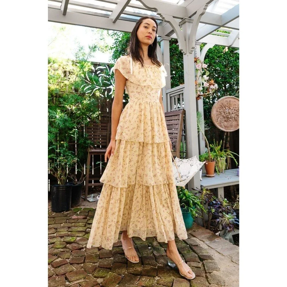 Ivy City Co Darla Maxi Dress Yellow Floral Tiered Ruffle Romantic Women's Size S - Picture 1 of 9